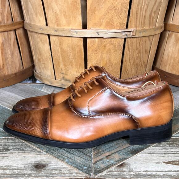 David Stone Burnished Tan Brown Faux Leather Cap Toe Oxfords Mens Size 8 - Picture 2 of 11